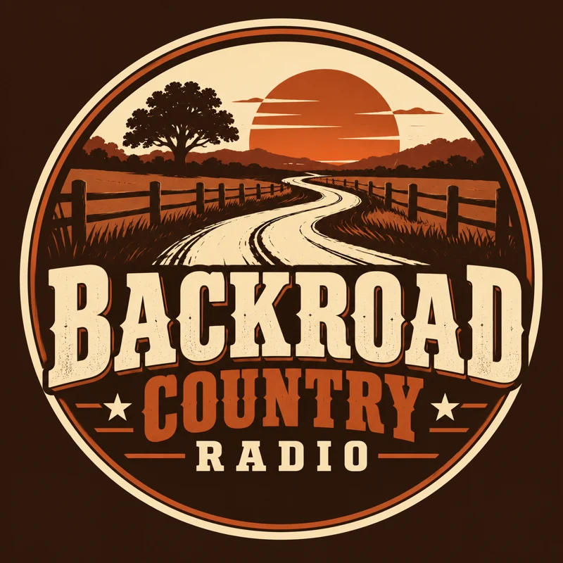 Backroad Country Radio logo: a winding country road at sunset